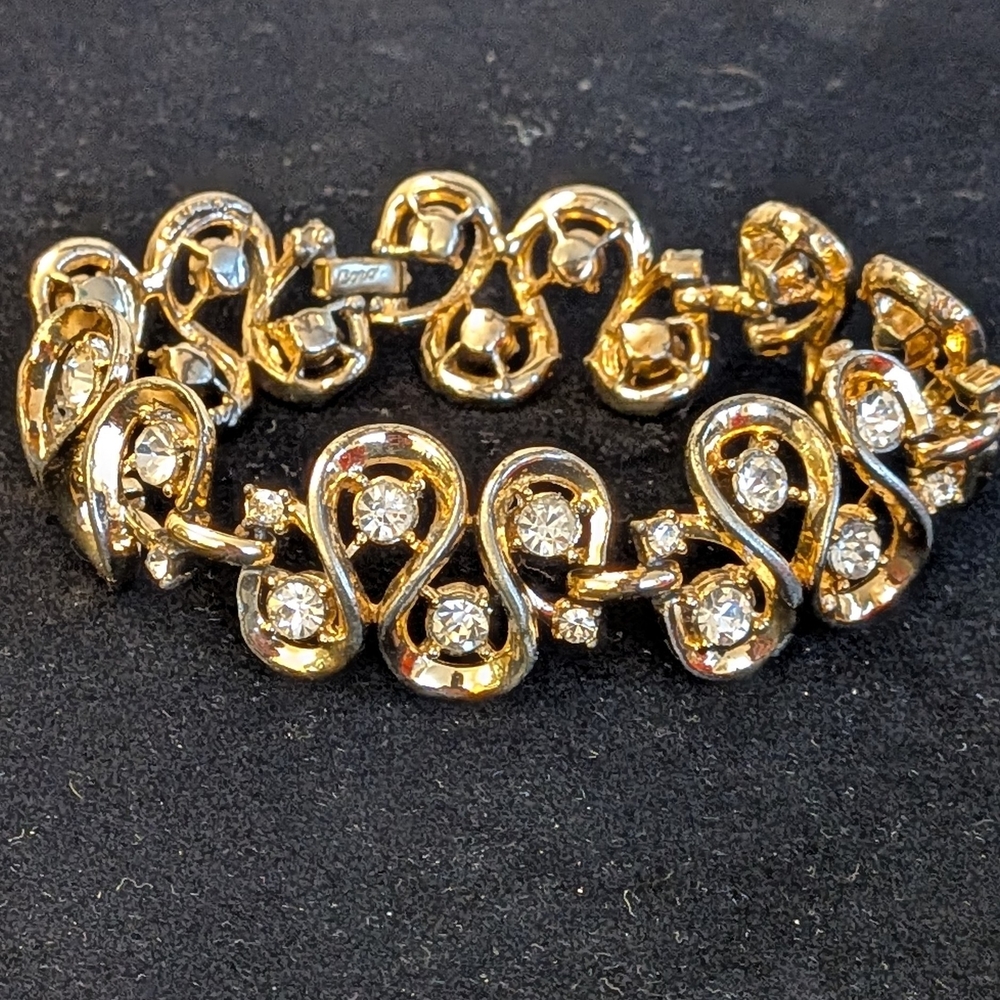 Vintage Coro Swirl Gold-Tone Link Bracelet Clear Rhinestones Ribbon